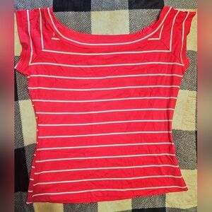 Wet Seal Juniors Pink with White Striped Boatneck Short Sleeve Top Size Large